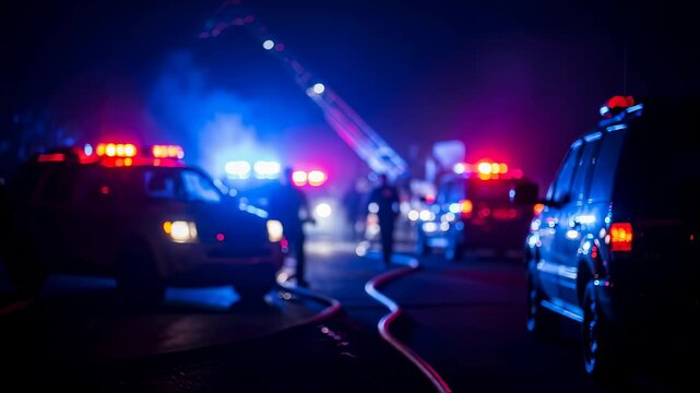 Fire trucks and police cars with flashing red and blue lights illuminate the night as firefighters and police officers work at the scene of an emergency