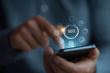 Search engine optimize. man use mobile phone, on virtual screen with SEO icon for analysis SEO Search Engine optimizing your website traffic to rank in search engines SEO. Promoting ranking of world.