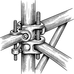 Scaffolding clamp joint with locking screw in hand-drawn style