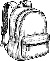 School backpack with front pocket and zippers in hand-drawn style