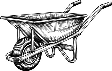 Wheelbarrow with metal tray and single wheel in hand-drawn style