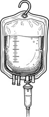 IV drip bag with liquid level and tubing in hand-drawn style