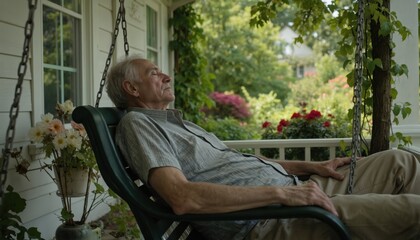 Elderly man takes a nap on a porch swing in a summer garden surrounded by green plants. Man reclines on a swing, dressed in white shirt and beige pants, near a house with a tree in the background.