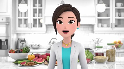 Smiling cartoon woman nutritionist and food blogger in kitchen surrounded by healthy vegetables, grains and fruits. Concept of healthy eating, food blogging, character, diet education Animation