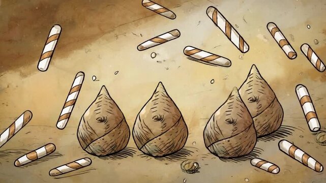 Cartoon illustration of four turnips and several candy sticks scattered around them