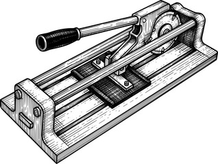 Manual tile cutter with rails and cutting blade in hand-drawn style