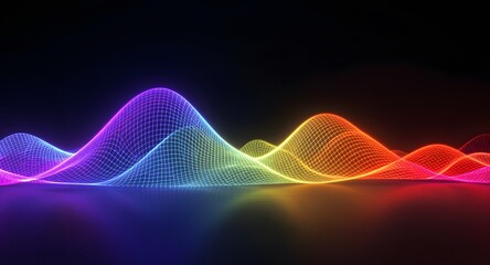 Abstract digital waveform pattern with glowing vibrant colors undulating across a dark background showcasing data visualization and technological innovation.