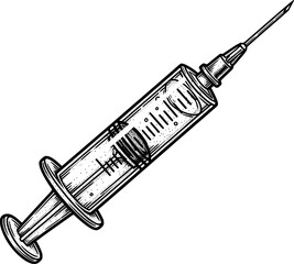 Medical syringe with measurement markings and needle tip in hand-drawn style