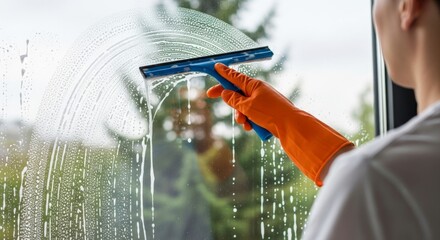 Person cleaning a window with a squeegee wearing orange gloves and a white shirt indoors