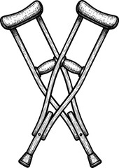 Crossed crutches with wooden texture and support pads in hand-drawn style
