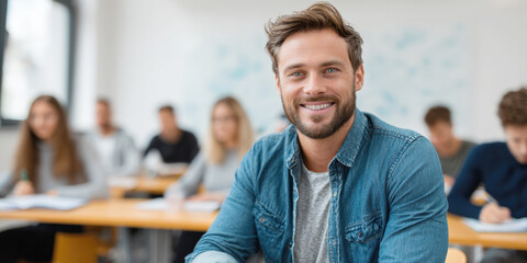 Fototapeta premium A confident, smiling man with a beard and denim shirt looks directly at the camera, seated at a desk in a modern classroom with other students blurred in the background.