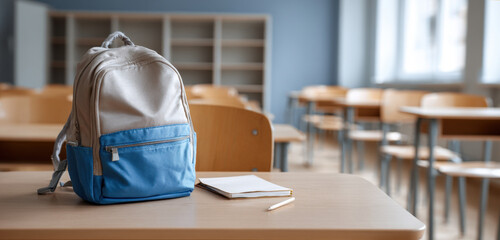 A beige and blue backpack sits on wooden desk next to notebook and pencil in empty classroom, ready for students. This image evokes the start of a new school year or the quiet anticipation of learning