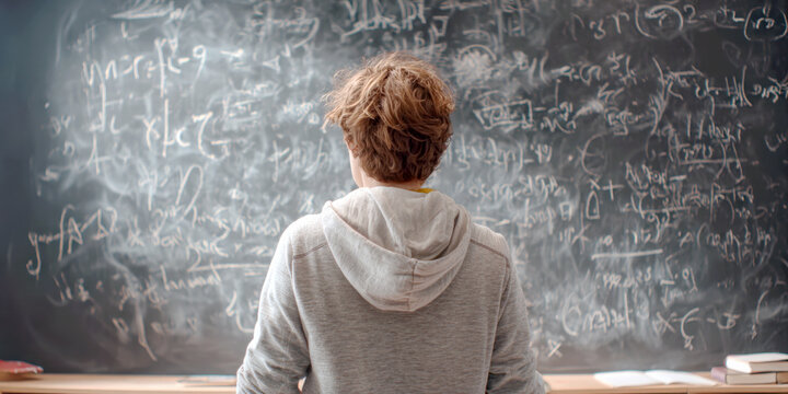 Student viewed from behind, facing a chalkboard filled with complex equations. Capturing the essence of intense study, problem-solving, and academic challenge in mathematics or physics