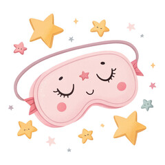 Cute pink sleeping mask with happy face surrounded by falling stars on black background