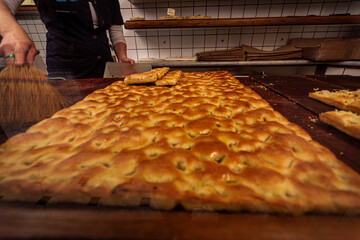 Traditional Focaccia, close up, the liguria ancient recipe.