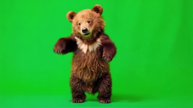Brown bear standing on two legs with arm raised against a solid bright green background in a studio green screen animal video