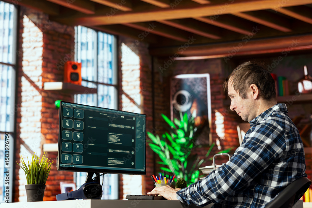 Poster man seated at desk speaking with ai llm chatbot software in modern home office. person communicating