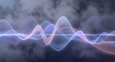 Abstract digital waves undulate across a cloudy background. Soft gradients of color overlay the curves. The lines emit a soft glow highlighting the dynamic movement.
