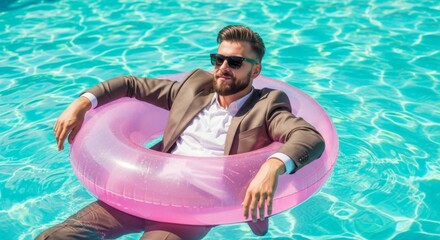 A man in a suit and sunglasses floats in a pool in a pink inflatable donut shaped tube