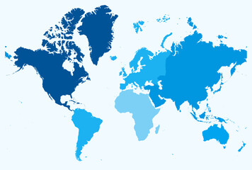 Map of World. Just a simple border map with continent division. Light blue color palette. Blank map with administrative division. Vector illustration.