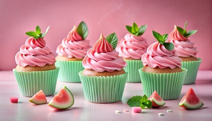 Photo of a group of delicious cupcakes with pink frosting and mint leaves, decorated with watermelon slices and candy