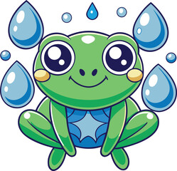 Adorable cartoon frog with big eyes surrounded by falling water droplets and bubbles