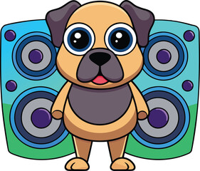 Cute cartoon pug character standing in front of a vibrant colorful speaker system