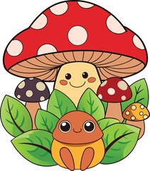 Adorable cartoon mushroom family and cute froggy friend surrounded by lush green leaves