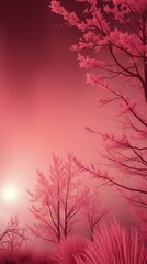 Obraz premium Infrared Foggy Trees Emerge Through Crimson Light 
