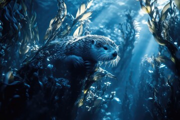 An otter rests amongst kelp forest, light streams through the underwater environment illuminating the cute animal.