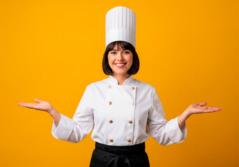 Smiling Chef Posing with Open Palms on Yellow Background