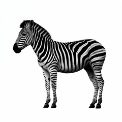 Fototapeta premium A dramatic, high-contrast black and white portrait photograph captures a majestic zebra standing in profile against a seamless, pure white backdrop