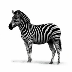 Obraz premium A dramatic, high-contrast black and white portrait photograph captures a majestic zebra standing in profile against a seamless, pure white backdrop