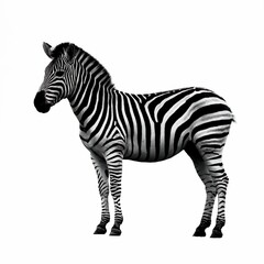 Obraz premium A dramatic, high-contrast black and white portrait photograph captures a majestic zebra standing in profile against a seamless, pure white backdrop