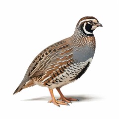Fototapeta premium A photograph of a Common Quail perched delicately on a smooth, grey stone against a seamless white backdrop. 
