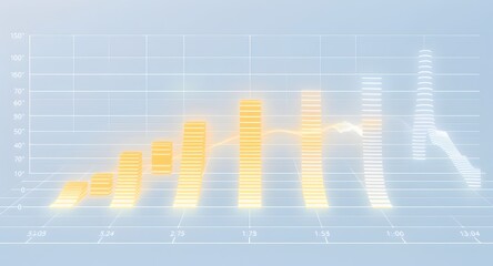 Abstract financial growth chart featuring ascending yellow bar graphs and a declining white line graph set against a soft blue background symbolizing market analysis.