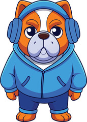 Cool cartoon bulldog wearing a blue hoodie and headphones ready to listen to music