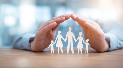 The family silhouette under protective hands representing care and security.