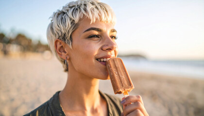Helado marrón junto a los labios de persona joven, fondo desenfocado, luz cálida y expresión neutra que sugiere una pausa íntima llena de sabor y presencia