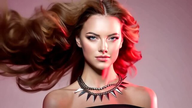 Woman high fashion model with luxurious long healthy wavy, voluminous hair in Colorful Bright Lights. Beautiful girl with necklace of chains. Ledy in rock and roll style on colourful vivid red backgro