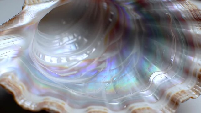 Extreme close-up slow pan over the shimmering iridescent surface of a mother of pearl seashell