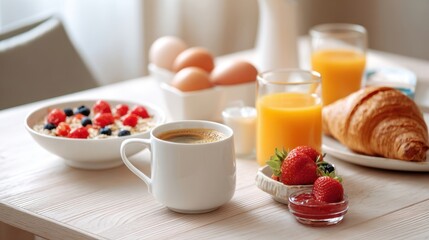 The delightful breakfast spread with coffee, fruits, and croissants on a wooden table.