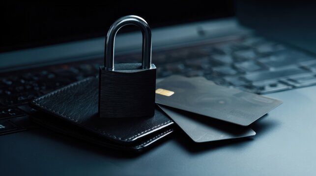 The padlock securing financial data on a laptop with credit cards and wallet.