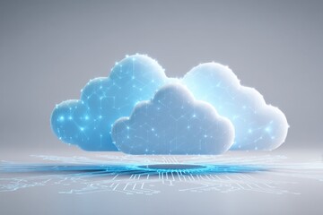 3D blue cloud icon on a white background with circuit board elements, white background, 2D illustration style, simple design, flat color blocks, clean lines, digital art Generative AI