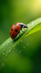 Naklejka premium Ladybug resting gently on a green blade of grass