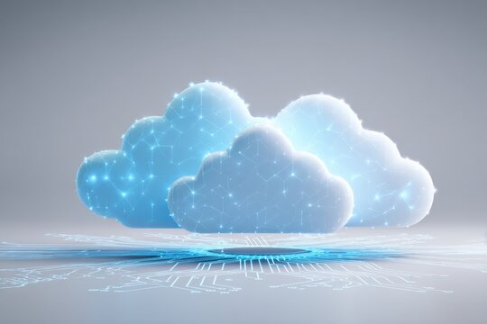 3D blue cloud icon on a white background with circuit board elements, white background, 2D illustration style, simple design, flat color blocks, clean lines, digital art Generative AI