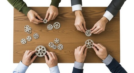 Hands assembling metal gears on wooden table teamwork collaboration