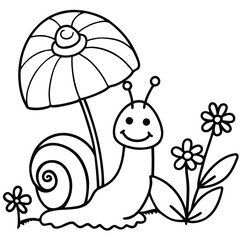 snail and mushroom line art kids coloring page