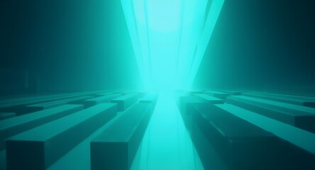 Abstract geometric teal cityscape illuminated by vibrant turquoise light with long rectangles reflecting a futuristic and ethereal atmosphere