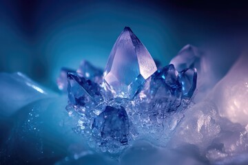 Obraz premium A cluster of translucent, blue-toned crystals, sharply defined and arranged aesthetically on a smooth, glossy surface.